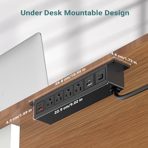 Maximize Productivity with QBA 8-in-1 Under Desk Power Strip – 20 W USB-C Fast Charging, 4 AC Outlets, 2 USB-A Ports, 6 FT Cable, Desk Mountable Power Hub for Home Office & Conference Room – ETL Listed for Safety and Reliability