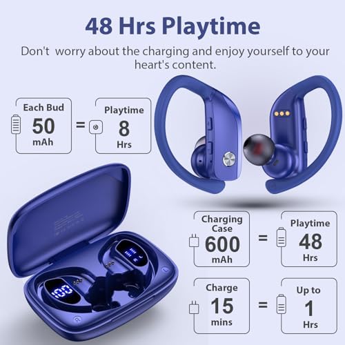 BMANI Bluetooth Wireless Earbuds – 48-Hour Playback Sport Headphones with LED Battery Display, Over-Ear Design & Secure Earhooks, Perfect for Active Lifestyles and Hands-Free Calls, Enhanced Compatibility for Seamless Device Pairing – Ideal for Workouts and Daily Commutes