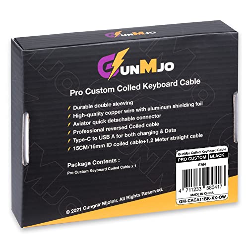 GUNMJO Pro Custom Coiled USB C Cable for Gaming Keyboards – Premium Double-Sleeved Mechanical Keyboard Accessory with Detachable Metal Aviator, 1.5 m USB-C to USB-A in Sleek Carbon Black – Ultimate Speed, Durability, and Aesthetic Upgrade for Gamers