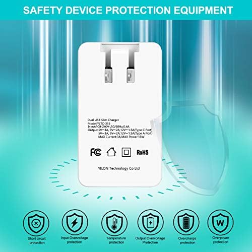 YILON Ultra-Slim 18 W Fast Plug Charger – Portable Dual-Port USB-C & QC3.0 Wall Adapter for Quick Charging i Phone X/11/12 Pro Max, Air Pods, Galaxy, i Pad Pro – Enhanced Safety & Travel Efficiency