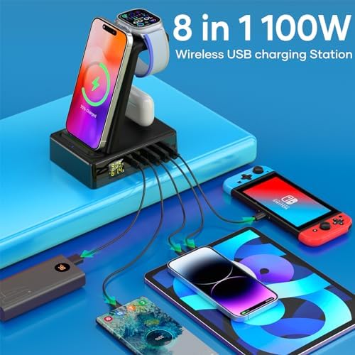 Ultimate 8-in-1 Wireless Charging Hub – 100 W Multi-Device USB Charger with PD 30 W & QC 3.0 Fast Charging, Digital Display, Compatible with i Phone, i Watch, Air Pods Pro, Smartphones, Tablets, Headphones & Game Controllers – Compact & Efficient Power Solution in Sleek Black for Home or Office Use