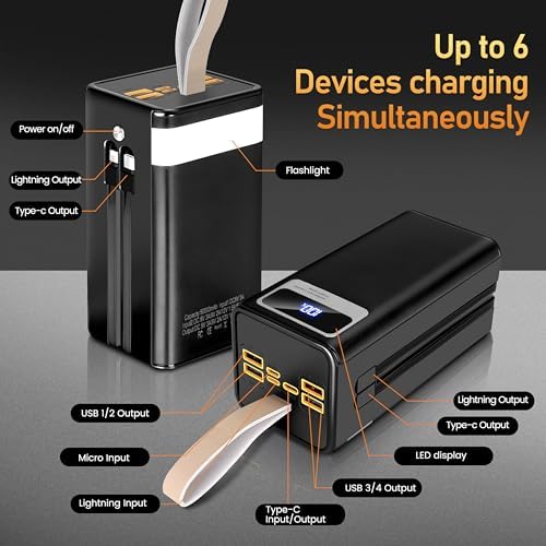 High-Capacity 50000 m Ah Power Bank with 22.5 W Fast Charging, Built-in Cables, LED Display, and Emergency Flashlight – Ideal Portable Charger for Camping and Outdoor Adventures, Universal Compatibility for Smartphones and Tablets