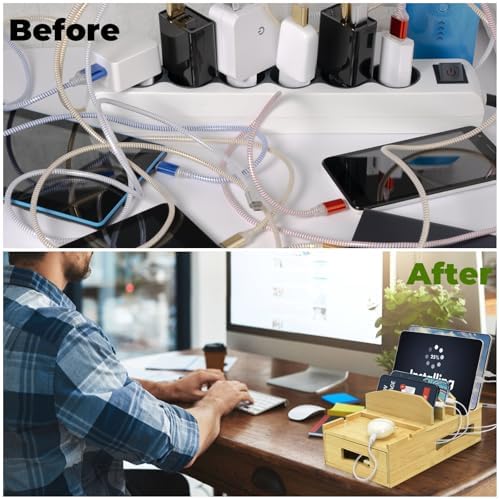 ZOOFOX Eco-Friendly Bamboo Multi-Device Charging Station – Sleek Desk Dock for Smartphones, Tablets, and Laptops with Customizable Dividers and Storage Drawer for Ultimate Cable Management and Fast Charging Solutions