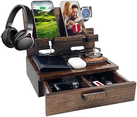 Gifts for Men Women Husband Son Boyfriend Him Nightstand Organizer Wood Phone Docking Station Birthday Gifts (Walnut) – Enhanced Compatibility and Speed