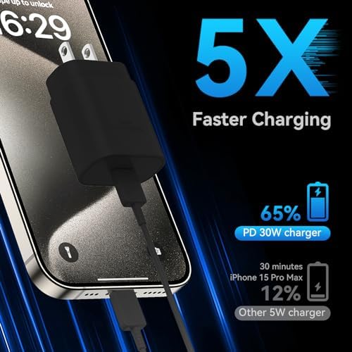 Auorld 30 W USB-C Fast Charger with 10 FT Cable – High-Performance Rapid Charging for i Phone 15/16, i Pad, Samsung Galaxy & Google Pixel – Stylish Purple Design for Maximum Flexibility and Compatibility on the Go