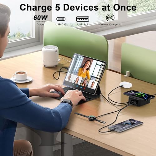 60 W Multi-Device Charging Station – Fast USB A & C Ports for i Phone 16, Samsung S25, Pixel 9 Pro – 15 W Wireless Charging Hub for Efficient Powering of Gadgets – Compact & Portable Tech Accessory for Busy Professionals