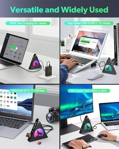 Experience Unmatched Connectivity with the 8-in-1 USB C Hub Multiport Adapter – 4 K HDMI Output, 100 W Power Delivery, and Vibrant RGB Lighting for Mac Book, Surface & i Mac – Effortless File Transfers with USB-A 3.0, USB-C, and SD Card Reader – Your Go-To Accessory for Enhanced Productivity and Seamless Device Integration