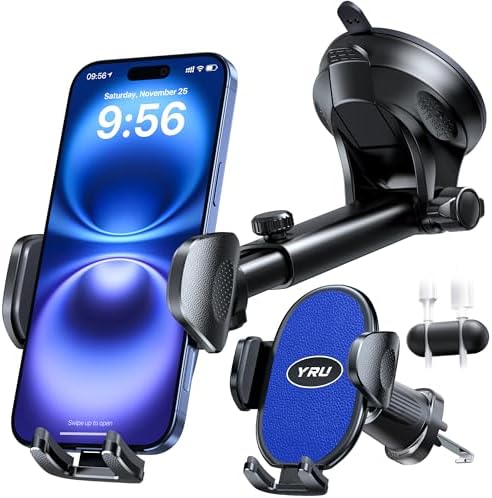 YRU 2025 Enhanced Universal Car Phone Holder with 360° Rotatable Design & Robust Suction for i Phone & Samsung – Stylish Light Blue Dashboard & Windshield Mount for Secure, Hands-Free Navigation and Music Access
