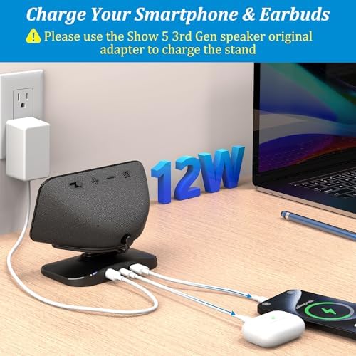 PlusAcc Stand for Show 5 (3rd Gen) – Adjustable Table Holder with 2 Charging Ports (USB-C & USB-A), Tilt Magnetic Base Station for Charge Cellphones and Earbuds, Non-Slip Base (Black) – Enhanced Compatibility and Speed