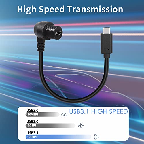 QIANRENON 90 Degree Right Angle USB C 3.1 Extension Cable – 10 Gbps Waterproof Panel Mount Solution, 30 cm Length for Streamlined Connectivity in Compact Spaces – Ideal for Vehicles and Workstations
