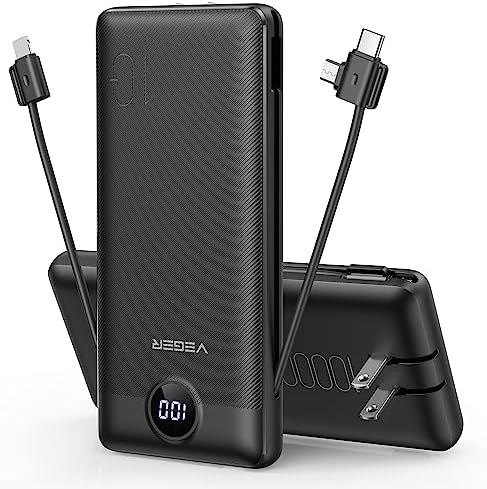 VEGER Ultra-Slim 10,000 m Ah Portable Charger with Built-in Cables and Integrated Wall Plug – Fast Charging Power Bank for i Phone, i Pad, Samsung, and More – Essential Travel Battery Pack for On-the-Go Charging and Enhanced Device Compatibility