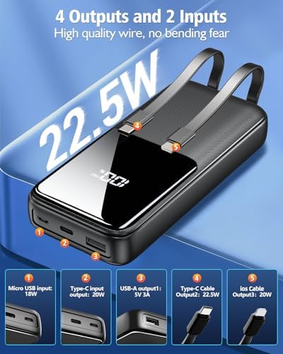 High-Capacity 20,000 m Ah Portable Power Bank – Ultra-Fast Charging Battery Pack with Built-In USB-C and i OS Cables for i Phone, Android, and Samsung Devices – Ideal Travel Companion for Uninterrupted Connectivity – Durable and Lightweight Design (1 Pack, White)