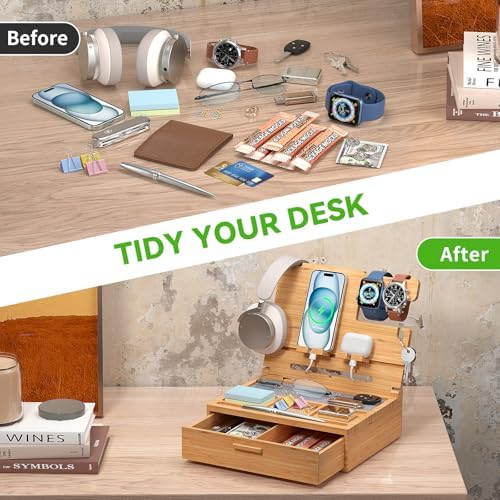 Pezin & Hulin Wooden Nightstand Organizer, Ideal Gifts for Men, Desktop Bamboo Phone Docking Station Box, with Large Drawer, Multi-Device Charging Stand, for Birthday Son Boyfriend Him -Natural – Enhanced Compatibility and Speed