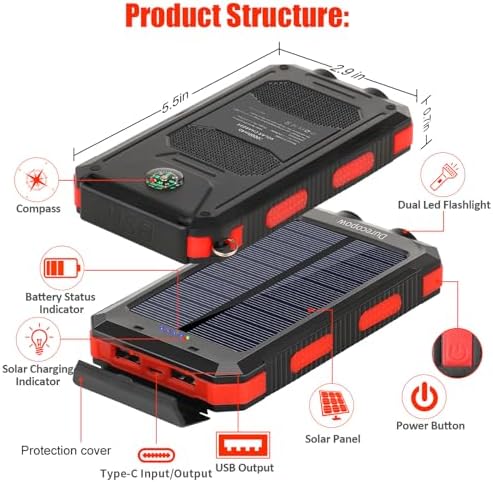 High-Capacity 20,000 m Ah Waterproof Solar Charger Power Bank for Outdoor Adventures – Dual USB-C Fast Charging with Built-in LED Flashlight and Compass (Orange) for Ultimate Portability and Reliability