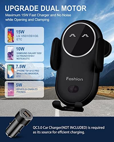 Smart Sensor Wireless Car Charger and Phone Holder – Effortless Automatic Clamping for i Phone 14/13/12/11/XS/XR/8 & Samsung S22/S21/S20/Note 20 – Fast Charging Air Vent Mount (Black) – Enhanced Safety & Seamless Connectivity