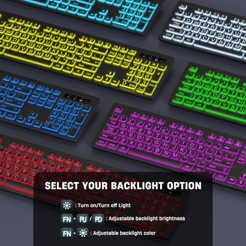 Elevate Your Typing Experience with the Large Print Backlit Wireless Keyboard – Silent, Rechargeable & Versatile for Windows and Laptops, Featuring 7 Vibrant Backlight Colors for Enhanced Visibility and Comfort