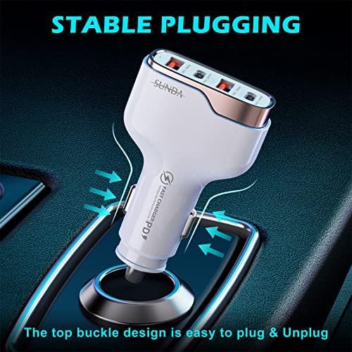 Experience Rapid Roadside Charging with SUNDA 120 W USB C Fast Car Charger – 4-Port Adapter Featuring Dual Type C PD60 W/PPS60 W for i Phone 16/15 Pro/Max/14 & Samsung Galaxy S24, Plus Dual USB-A 30 W QC3.0 for All Android Devices – Compact, Durable, and Universally Compatible for Effortless Multi-Device Charging on the Go