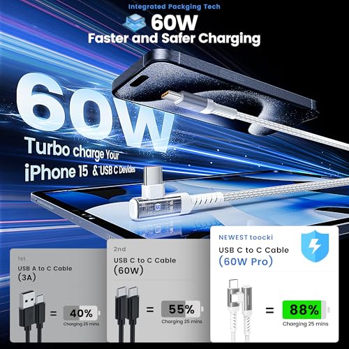 10 ft USB C to USB C Charger Cable (2-Pack) – 60 W Fast Charging Type C Cord with Right Angle Connector for i Phone 16, 15 Pro Max/Plus, Mac Book Air, Samsung S23 Ultra/S22, Note 20 – Superior Durability & Enhanced Ergonomics for Optimal Device Performance