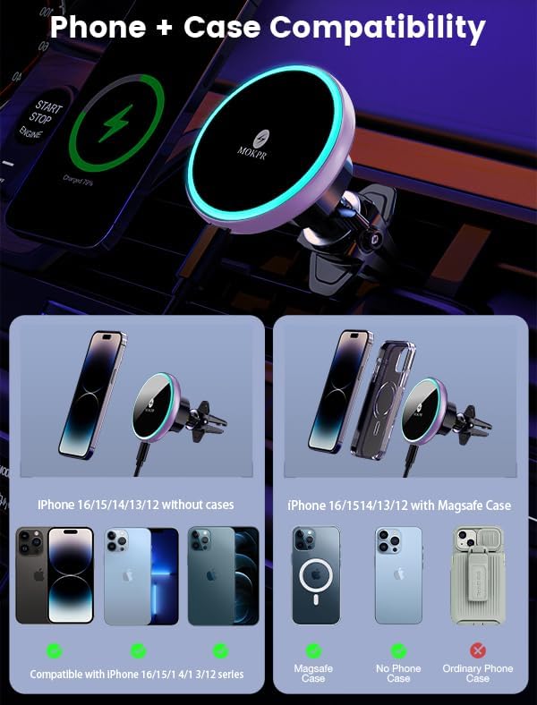 MOKPR 15 W Mag Safe Car Charger & Magnetic Phone Holder – Effortless Fast Wireless Charging with Dynamic LED RGB Lighting for i Phone 15/14/13/12 Series – Stylish Dash & Air Vent Mount for Enhanced Driving Experience and Convenient Accessibility