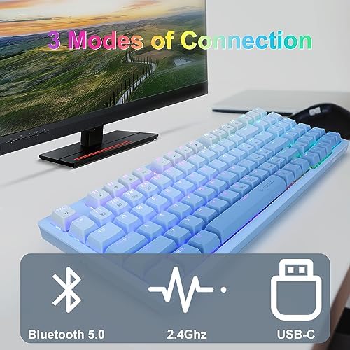 HUO JI Gradient Blue Wireless Mechanical Keyboard – Versatile 3-Mode Connectivity (Bluetooth, 2.4 G, Wired) with RGB Backlighting & Hot Swappable White Switches for Ultimate Customization – Compact 94-Key Layout Perfect for Gaming & Office Use