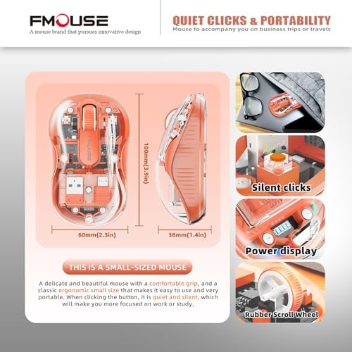 Sleek Dual Connectivity Transparent Wireless Mouse – Rechargeable RGB with USB-C Receiver for Mac Book & Laptops, Compact Design with Cool LED Lights, Silent Operation, and Magnetic Cover for Enhanced Portability – Orange