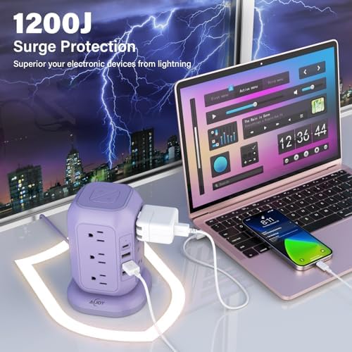 Ultimate Power Strip Tower with USB Ports – Ai Joy 12 AC Outlet Surge Protector and 4 USB Charging Station with 10 Ft Extension Cord, Overload Protection for Home, Office, and Dorm Use – Space-Saving Design for Enhanced Device Compatibility and Fast Charging
