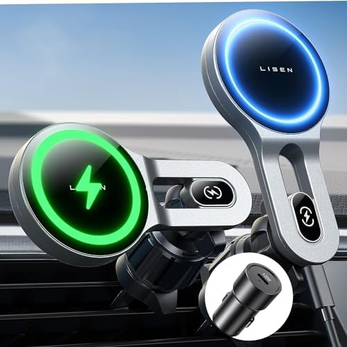 LISEN 15 W Mag Safe Car Mount Charger – High-Speed Wireless Charging with Secure Vent Holder for i Phone 16 Pro Max, 15, 14 – Sleek & Compact Design with Advanced Safety Features – Effortless Installation & Universal Device Compatibility