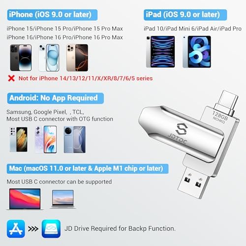 128 GB Versatile Photo Backup Stick – High-Speed USB-C & Lightning Flash Drive for i Phone, i Pad, and Android Storage – Effortless Photo, Video & Contact Transfer – Durable, Portable Memory Solution for All Your Digital Essentials