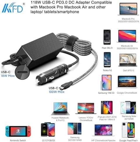 Ultra-Fast KFD PD118 100 W USB-C Car Charger for Laptops & Devices – High-Efficiency DC Adapter with 18 W QC3.0 Port – Compatible with Mac Book Pro, Dell XPS, Razer Blade, Surface Pro & More – Reliable Power Supply for Cars, Trucks & Outdoor Use – 30-Day Exchange & 36-Month Warranty