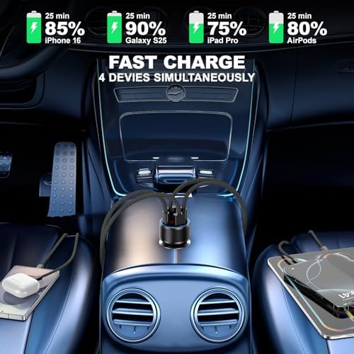 High-Power 65 W USB C Car Charger with 4 Fast Charging Ports, PD30 W Capability, Digital Voltage Display & 2 USB Cables – Ultimate Compatibility for i Phone 16/15/14/13, Samsung Galaxy S25/S24/S23, i Pads & More – Efficient On-the-Go Charging Solution