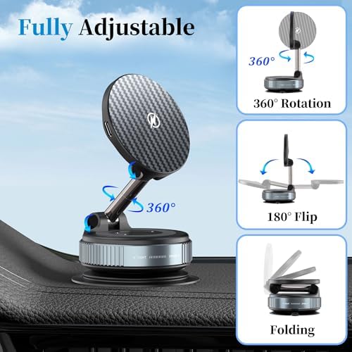 PlusAcc Vacuum Magnetic Phone Holder for Car – Suction Cup Phone Mount 360° Rotatable Foldable Portable Strong Magnet Stand for iPhone 16/15/14/13 in Gym, Mirror, Smooth Surface, All Vehicles – Enhanced Compatibility and Speed