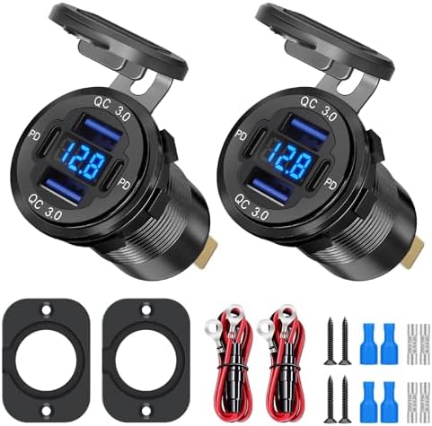 Linkstyle 12 V USB Outlet with Dual 18 W QC3.0 USB-A and Dual 30 W PD Type-C Ports – Fast Charging Car Socket with LED Voltmeter for RVs and Boats, Ultimate Device Compatibility and Travel Durability