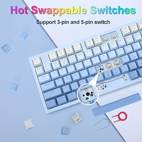 HUO JI Gradient Blue Wireless Mechanical Keyboard – Versatile 3-Mode Connectivity (Bluetooth, 2.4 G, Wired) with RGB Backlighting & Hot Swappable White Switches for Ultimate Customization – Compact 94-Key Layout Perfect for Gaming & Office Use