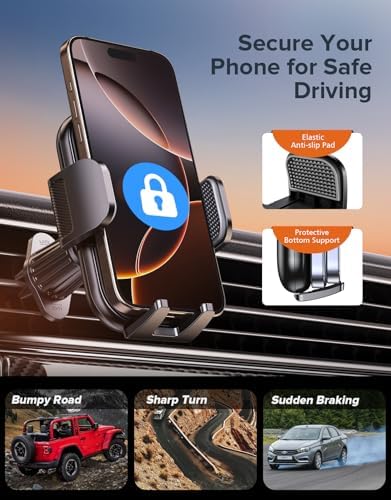 Upgraded Car Phone Holder, Metal Hook Clip Car Vent Phone Mount, Hands-Free Vent Phone Holders for your car, Compatible with iPhone series, Android and all smartphones, Equipped with cable manager – Enhanced Compatibility and Speed