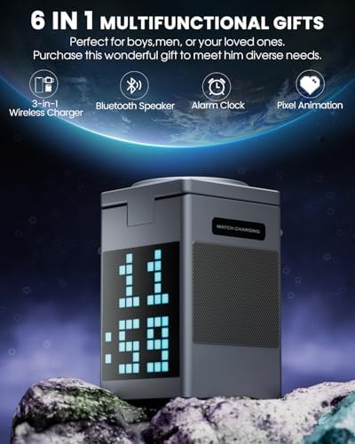 Vivilumens 3-in-1 Wireless Charging Station with Bluetooth Speaker – Fast-Powered Mag Safe Charger for i Phone, Air Pods & Apple Watch, Featuring Pixel Animation Display and Digital Clock Functionality with 18 W Adapter for Enhanced Device Versatility and Style