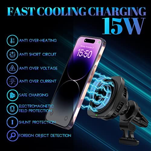 Revolutionary Mag Safe Car Charger with Integrated Cooling Fan – 15 W Fast Wireless Charging Mount for i Phone 16/15/14 Pro Max & Samsung Galaxy S25/S24 Ultra, Magnetic Air Vent Holder for Safe and Efficient Charging on the Go