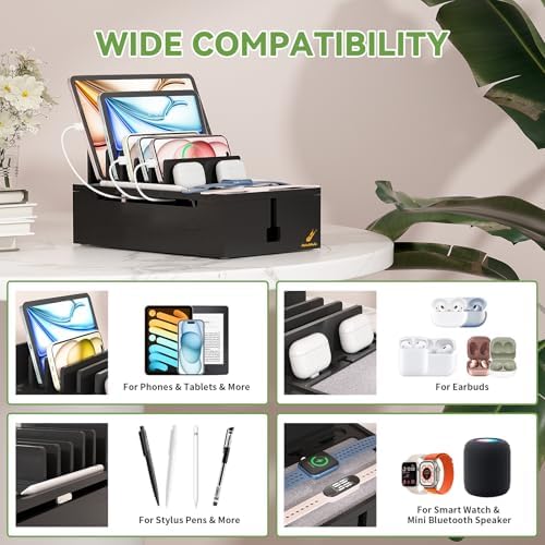 Pezin & Hulin Eco-Friendly Bamboo Charging Station – 10-Port USB Dock Organizer with 6 Cables, Enhanced Power Supply & Cable Management for Multi-Device Charging, Sleek Natural and Black Design for Homes and Offices