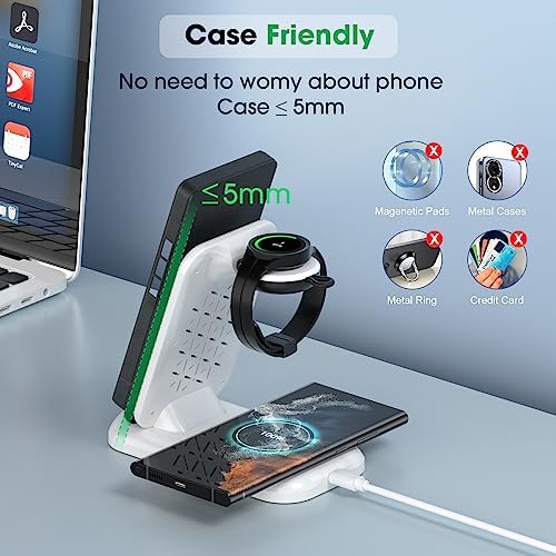 Samsung 3-in-1 Wireless Charging Station for Galaxy Devices – Fast Charge Your S23, S22, S21, Note 20, and More with Integrated Watch and Buds Support (White) – Sleek, Compact Design with Safety Features and Adapter Included