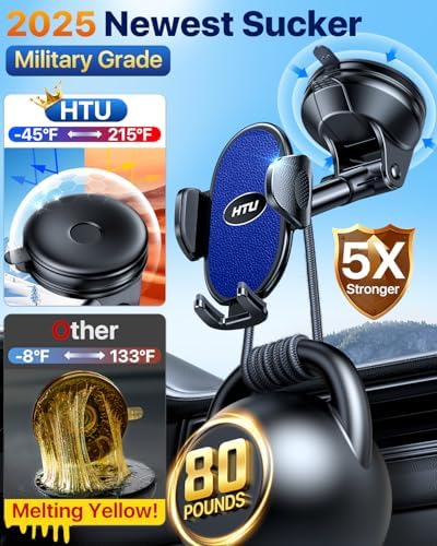 HTU Military-Grade Suction Car Phone Holder 2025 – Versatile Telescopic Arm Smartphone Mount for Dashboard & Windshield – Compatible with i Phone 16 Pro Max, 15, 14, 13, 12 & Samsung – Enhanced Stability for Trucks & Jeeps – Sleek Black Finish for Modern Interiors