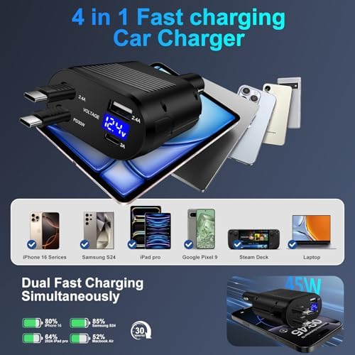 Ultimate 45 W Retractable Car Charger for i Phone 16 Series & Samsung Galaxy Devices – Dual 2.6 FT USB-C Fast Charging Adapter with Tangle-Free Design and Built-In Safety Features for On-the-Go Power Solutions