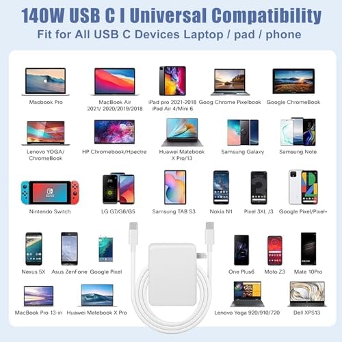 140 W Ga N USB-C Power Adapter – Ultra-Fast Charger for Laptops, Smartphones and Tablets with PD3.1 Tech, 6 ft Cable for Mac Book Pro, i Phone 15/16 Max & i Pad Pro – Compact, Travel-Friendly Design with Advanced Safety Features and Eco-Conscious Efficiency