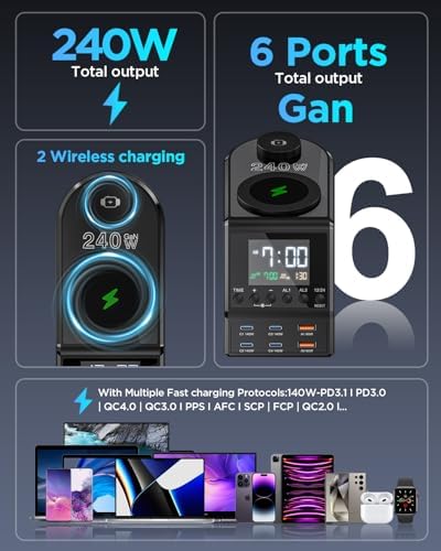 240 W Multi-Device Charging Station: 8-Port USB-C & Wireless Charger for i Phone, Mac Book, Android, i Pad – Fast, Safe Power Hub with Time Display & Smart Protection Features for Home & Office Organization