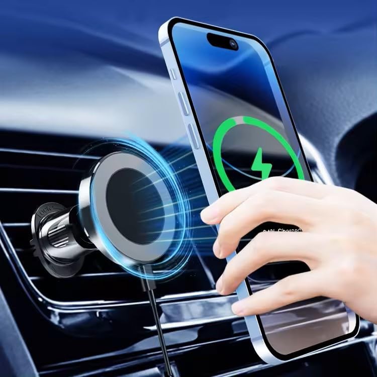 SASHWA 15 W Magnetic Wireless Car Vent Mount – Ultra-Strong Grip & 360° Rotation for i Phone 15/14/13/12 & Android – Fast Charging with Included Cable & Enhanced Compatibility Metal Ring – Secure & Stylish Driving Solution