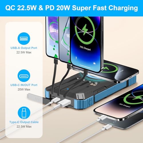 Ultra-Reliable 49,800 m Ah Solar Power Bank – High-Speed Wireless Charging with 4 Built-In Cables & 22.5 W QC3.0 Technology – IP65 Waterproof Emergency Battery for Outdoor Adventures – Charge 6 Devices Simultaneously, Compatible with Smartphones & Tablets
