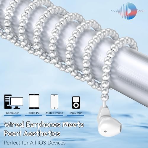 Sophisticated Pearl Wired Earbuds for i Phone – Exceptional Audio Clarity with Built-In Mic & Adjustable Volume – Tangle-Free Magnetic Storage for Seamless Compatibility with i Phone 14, 13, 12, 11 Pro Max, X, XS, XR, 8, 7 Plus – Durable Beaded Design for a Chic Listening Experience