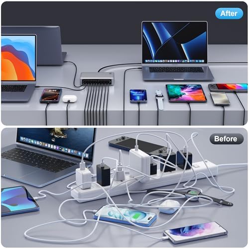 200 W Ga N IV USB-C Charging Hub: 8-Port Fast Charging Station with PD 65 W for Laptops, i Phones, i Pads, and Steam Deck – Compact & Efficient Power Adapter in Striking Red for Ultimate Device Versatility