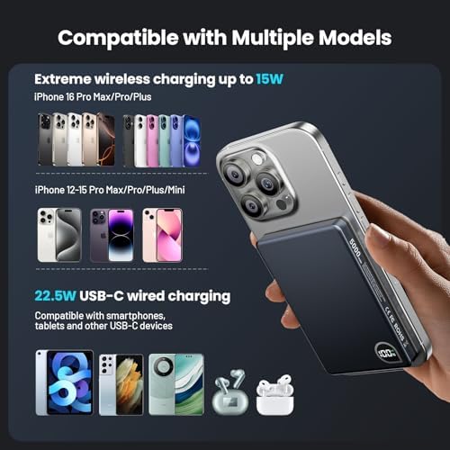 Ultra-Slim 5000 m Ah Magnetic Power Bank with Built-In USB-C Cable – 22.5 W Fast Charging Solution for i Phone 16/15/14/13, Samsung Galaxy, and Android Devices – Lightweight Design, Smart Thermal Regulation, and Universal Compatibility for Effortless On-the-Go Charging