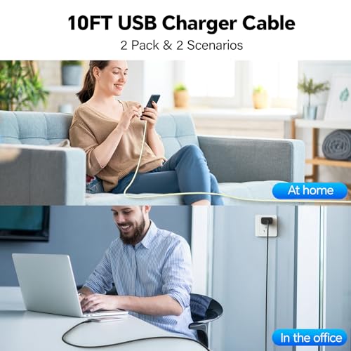 Fast Charging i Phone Charger Set – 20 W Dual USB-C Blocks with 10 FT Long Cable for i Phone 16/15, Samsung Galaxy S25/S24/S23/S22, i Pad, Mac Book, and More – Stylish Black/Yellow Design for Enhanced Convenience and Speed