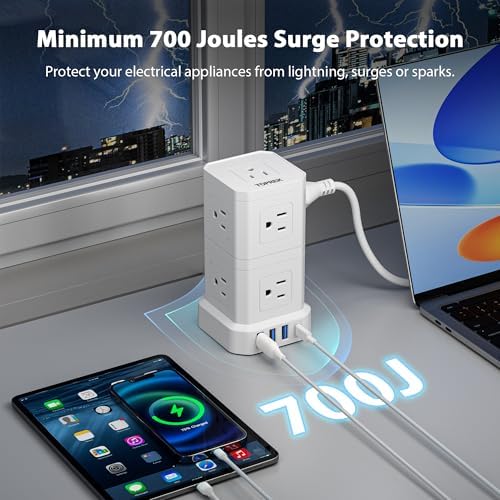 TOPREK 10 FT Power Strip with USB-C Fast Charging (3.0 A) – 5 AC Outlets & 4 USB Ports Surge Protector for Home, Office & Travel – Compact Desk Charging Station with Enhanced Surge Protection (700 J) for All Devices