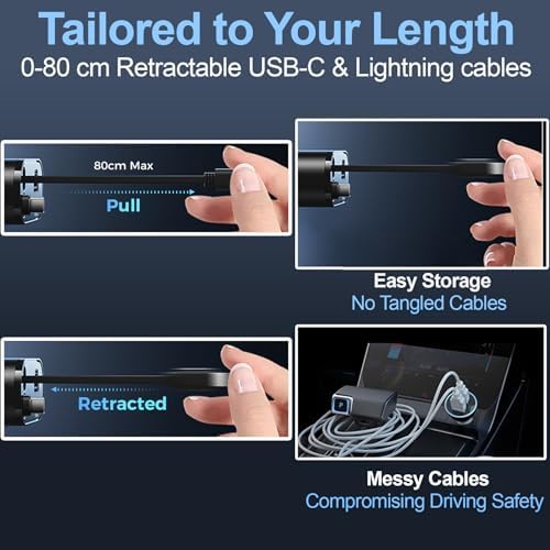 High-Power 4-in-1 Retractable USB C Car Charger – 120 W Fast Charging Adapter with 2.6 ft Type C Cable, QC 3.0 & PD 3.0 Compatibility for i Phone 12/13/14/15, Samsung Galaxy, i Pad, Google Pixel & More – Compact & Safe Charging Solution for On-the-Go Power Needs